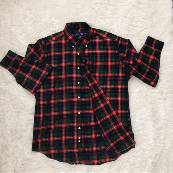Hunt Club Medium Red Green Blue Twill Plaid Long Sleeve Button Down Shirt - Picture 1 of 6